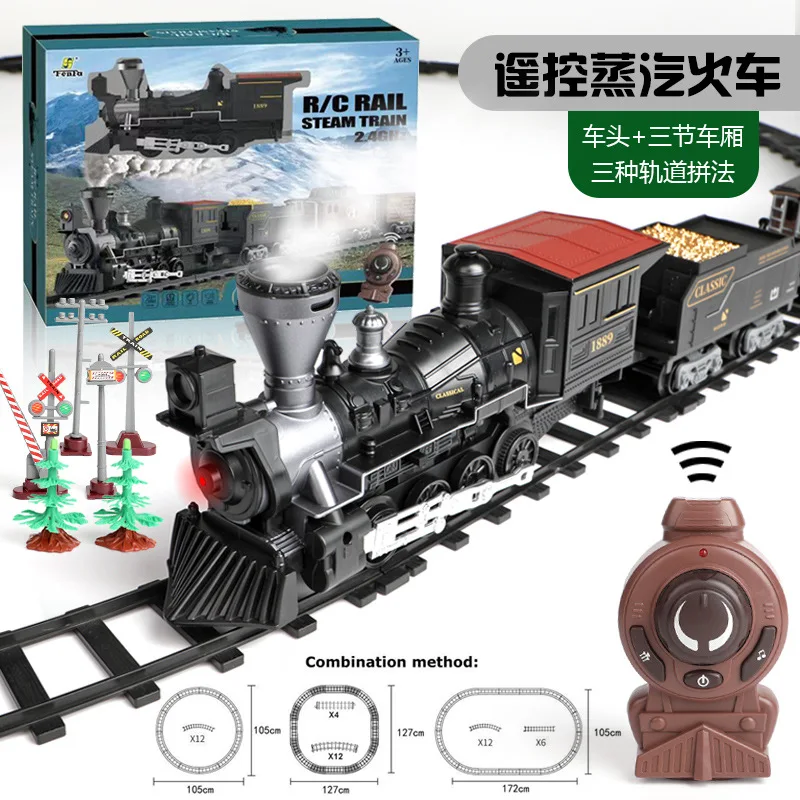 Electric Remote Controlled Track Train Set Smoke Emitting Track Train Locomotive Classical Christmas Train Toys For Children\'s