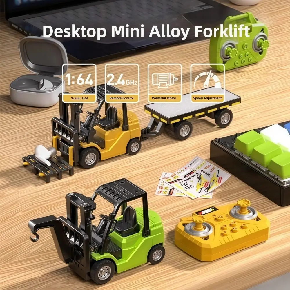 Mini Alloy Remote Control Forklift Lift-lower-rotate Real Car Sound Remote Control Truck 1:64 2.4GHz with All Accessories