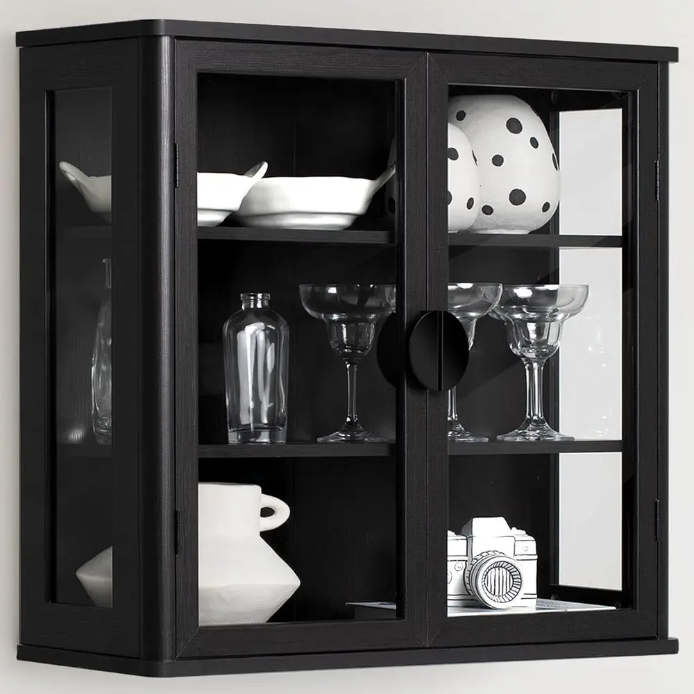 Black Tempered Glass Display Wall Storage Cabinet,Bathroom Wall Cabinet,Wall Mounted Cabinet with Curved Edges, loating Cabinet