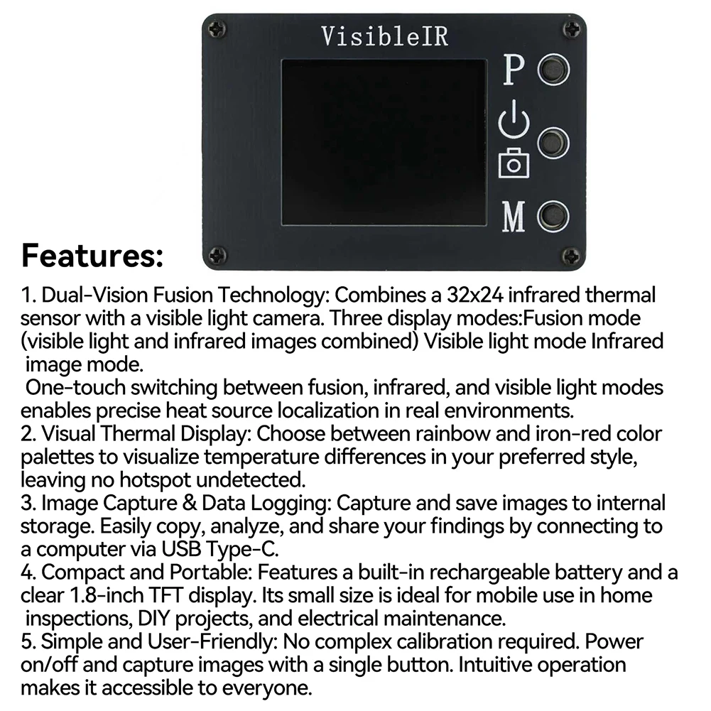 For DIY Projects Black VisibleIR B18 1.8 Inch Display Thermal Camera Infrared Camera Fusion Visible Infrared Modes