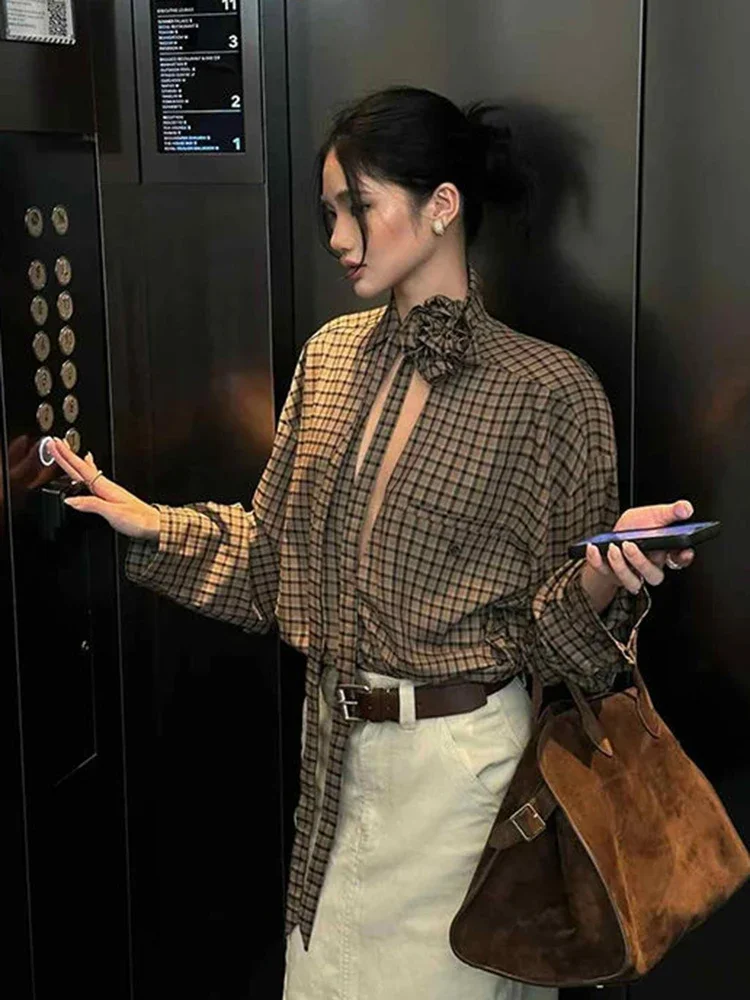 Jmprs-camisas a cuadros Y2K caladas para mujer, ropa de calle Vintage, blusa con cordones florales en 3D, Top informal holgado gótico de manga larga americano