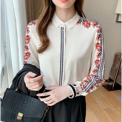 #3176 Spring Autumn Floral Printed Long Sleeve T Shirt Women Stand Collar Vintage Slim Fit Ladies Tops And Blouses Office