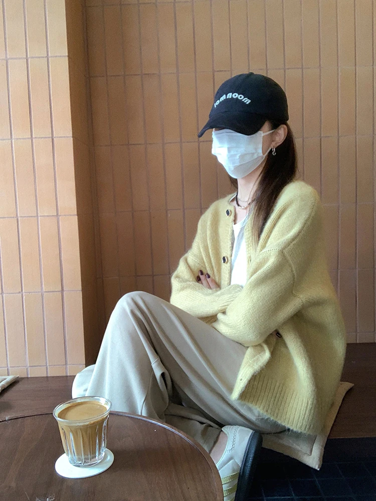 

Heavyweight Extra Thi Soft Yellow Camere Sweater Jaet Large Size Lady 77 Soft And Warm Long Sve round Ne Cardigan