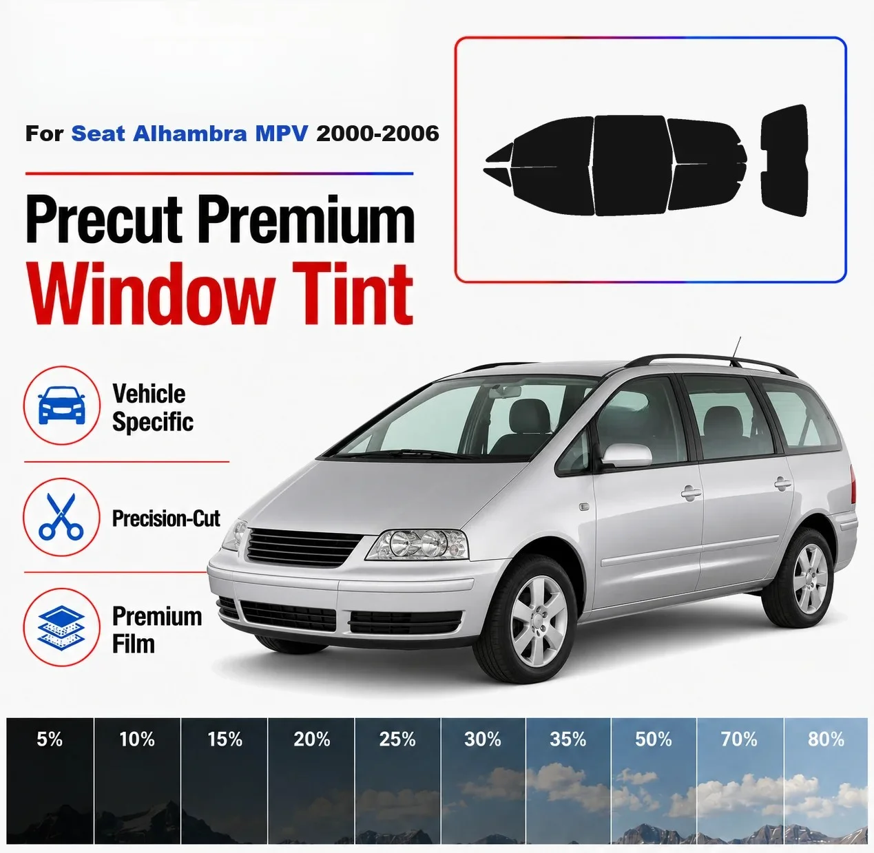 Premium Precut Window Tint Kit Front Rear Windows Rear Windshield For Seat Alhambra MPV 2000-2006 Complete Set Nano Ceramic Film