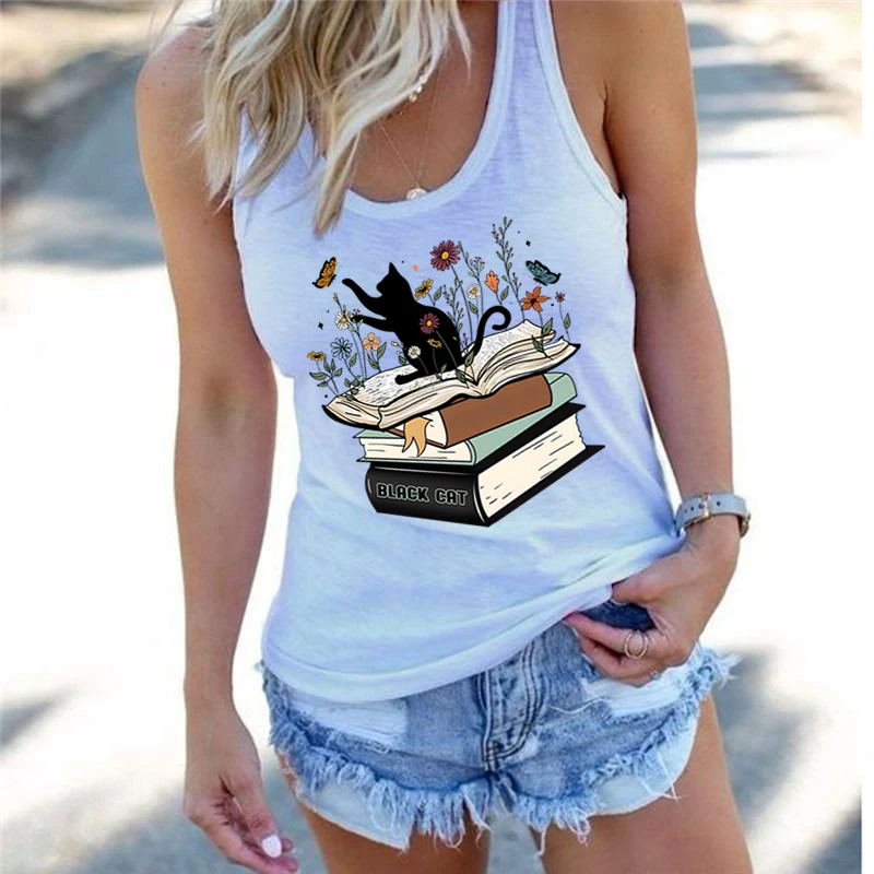 Fashion Summer Women Tank Top Flower Black Cat Print Woman Clothing Vintage Flower Book Tanks Cat Lover Gift Racerback Tank Top