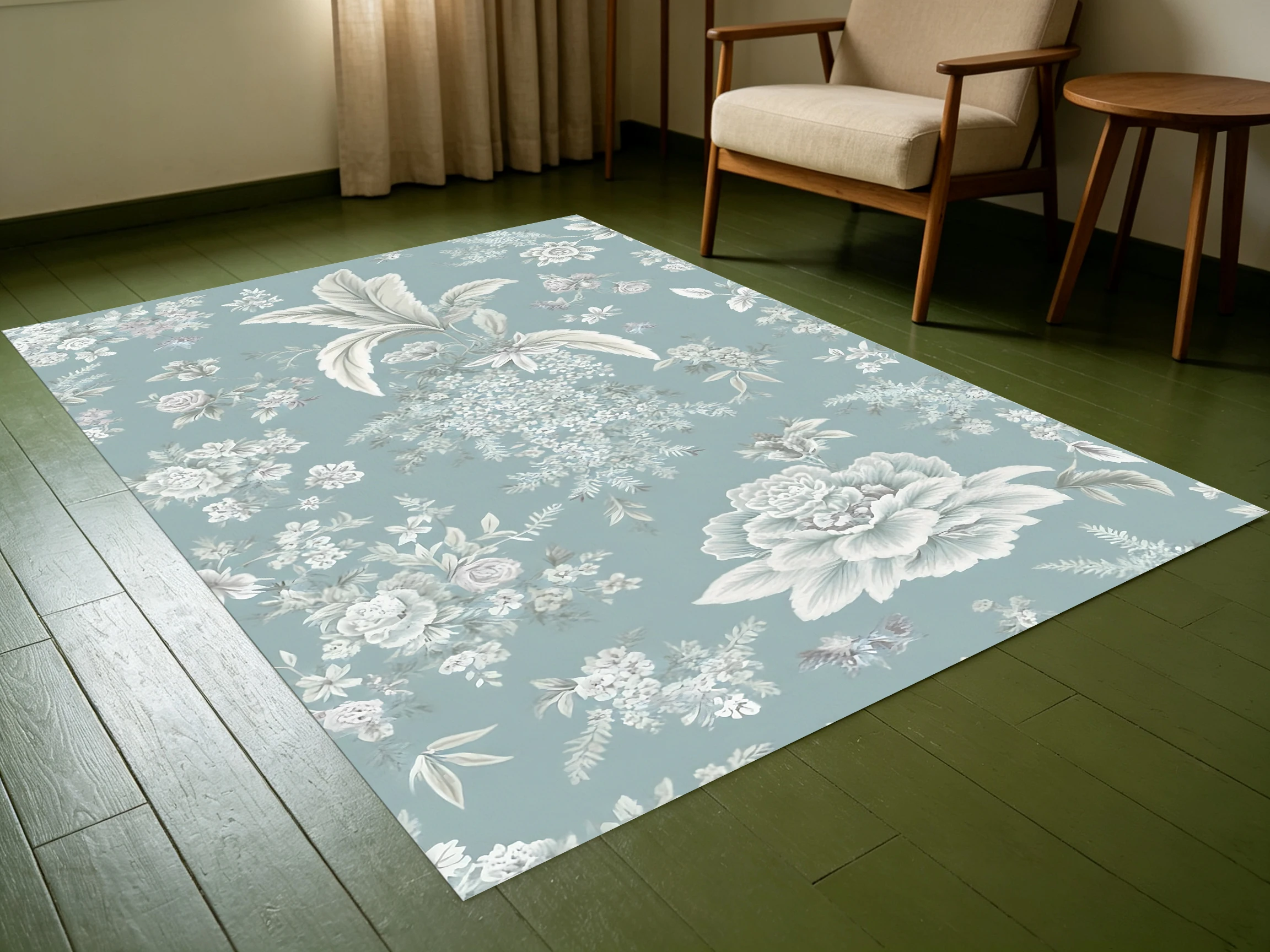 2D Large Carpet with Light Blue Background and Soft Floral Pattern, French Style, Perfect for Living Room and Bedroom Flooring, Instantly Refreshes Autumn and Winter Decor