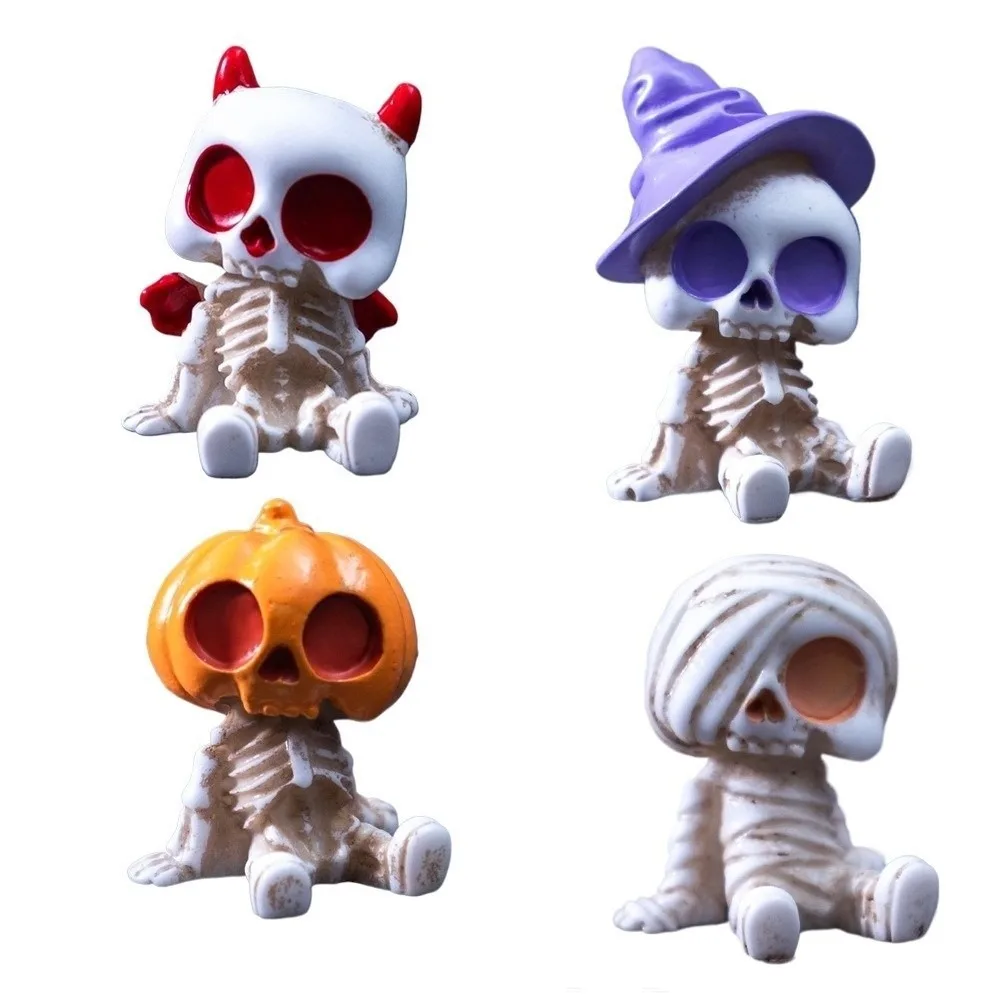 4pcs/set Resin Material Halloween Figurines Cute Design Pumpkin Mummy Ghost Skeleton Ornaments Spooky Lightweight