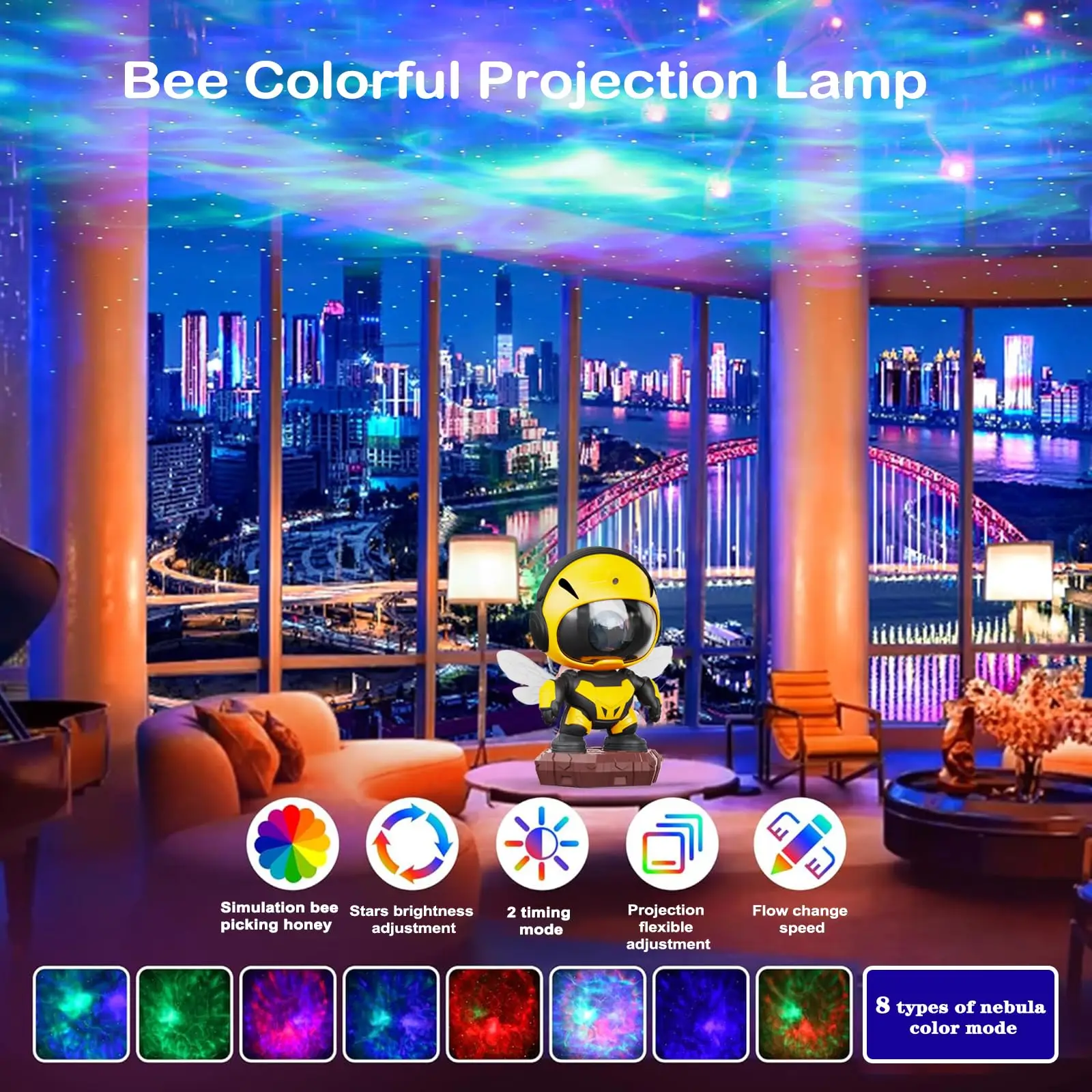 Bee Astronaut Galaxy Projector Adjustable Flowing Light Starry Projector Nebula Ceiling LED Night Light for Kids Room Decoration