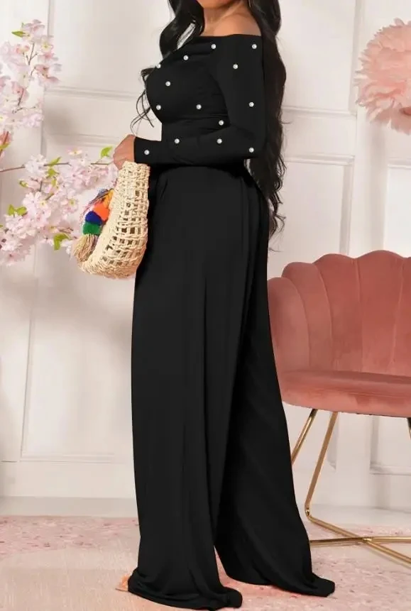 

Women's Fashion Jumpsuits Pearls Decor Skew Neck Long Sleeve Cinched Waist Overalls Casual Ruched Zipper Back Wide Leg Jumpsuit