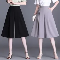 Sommer neue Mode lässig lose Chiffon weites Bein Capris Frauen solide elastische hohe Taille Taschen dünne atmungsaktive gerade Hose