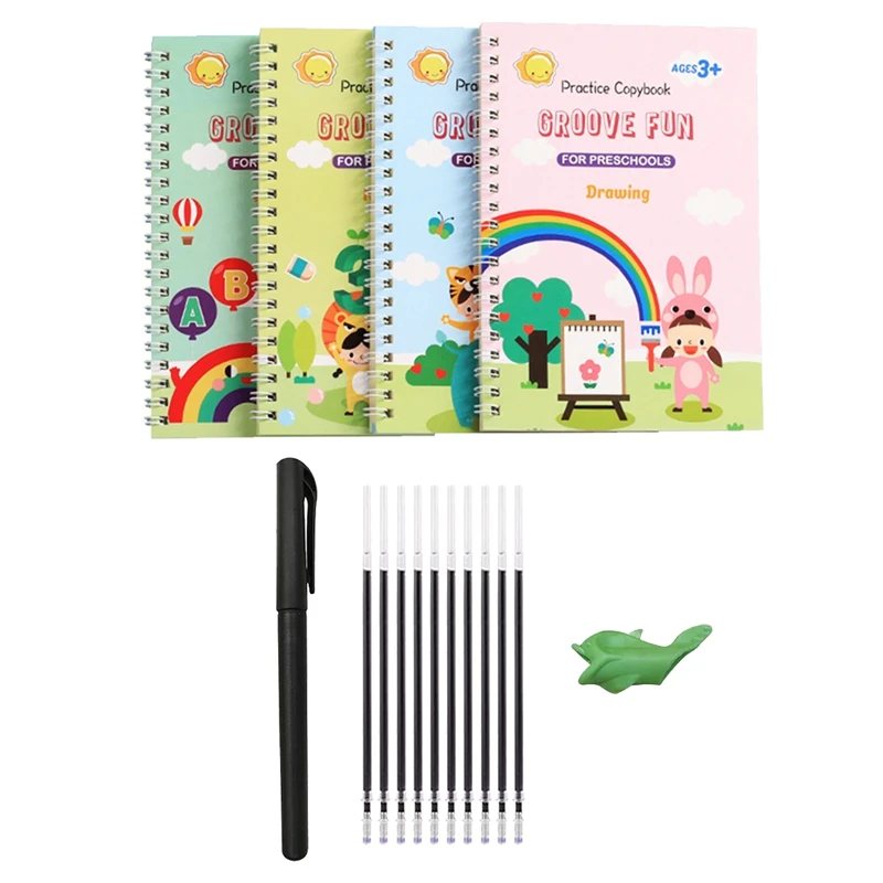 

4 Pc Grooved Handwriting Book Practice,Magic Copybook For Kids,Grooved Kids Writing With Auto Disappear Ink Pen