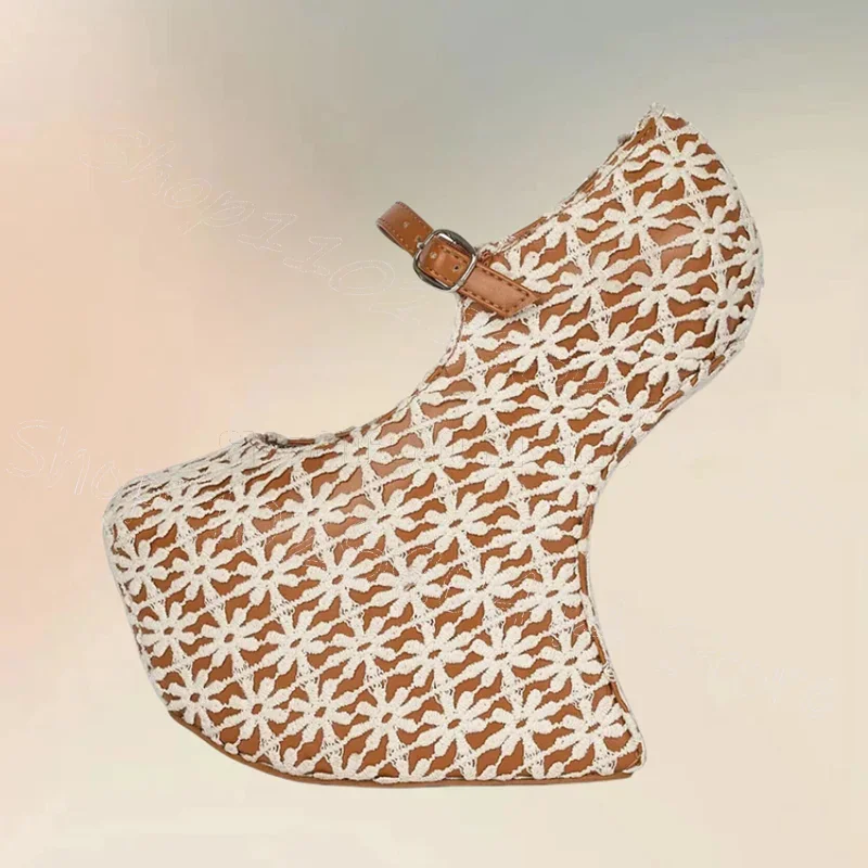 Beige Floral Print Strange Style Heels Pumps Buckle Strap Women Shoes Round Toe Party Banquet Dating 2026 Zapatos Para Mujere