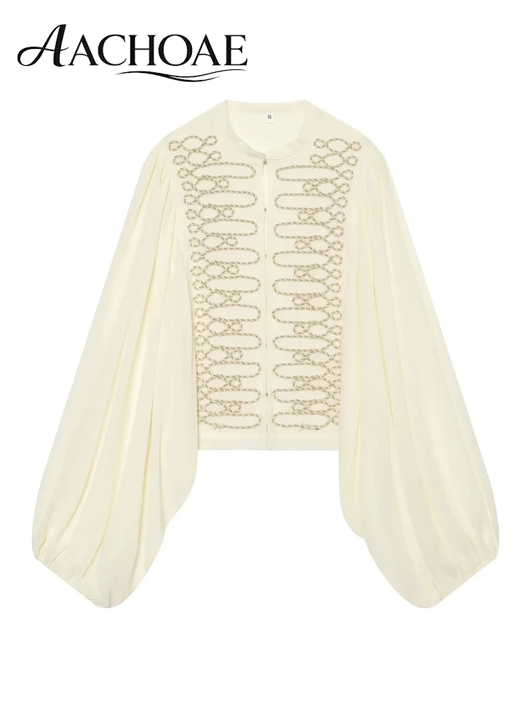 AACHOAE Women Chiffon Blouse Braided Cord Detail Round Neck Balloon Sleeve Sheer Long Sleeve Cropped Top Elegant Vintage Shirt