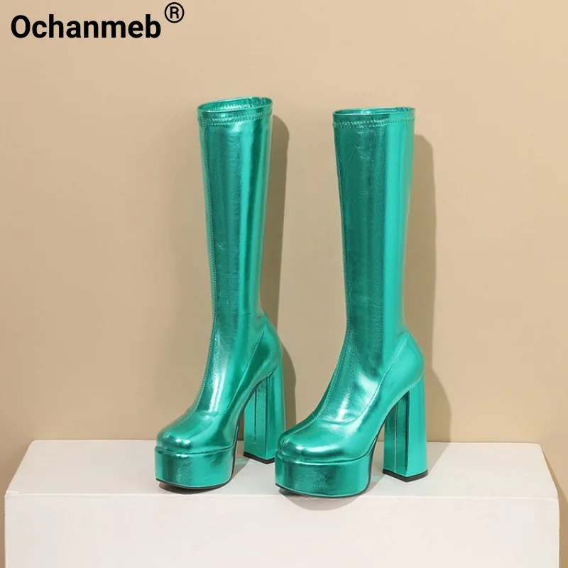 Ochanmeb Sexy Metallic Pink Green Fuschia Knee-High Boots Women Chunky High-Heeled Thick Platform Outsole Gold Silver Goth Boots