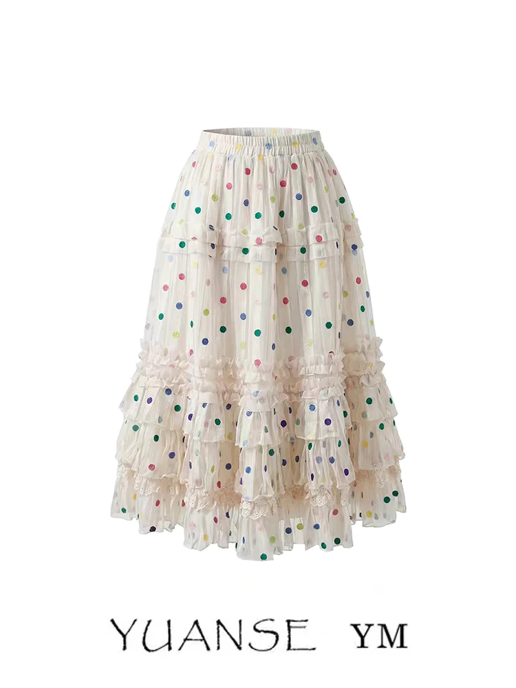 

Yuanse Sweet Polka Dot Halter Neck Dress Women's Summer High Waist Midi Skirt Cake Style Gored Skirt for Girls