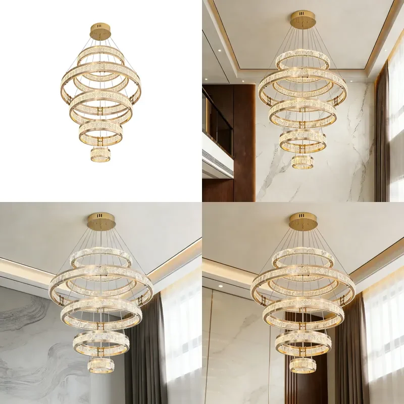 Modern Crystal Chandelier for Villa Staircase Luxury Circle Pendant Light for Living Room Mansion Home Decor