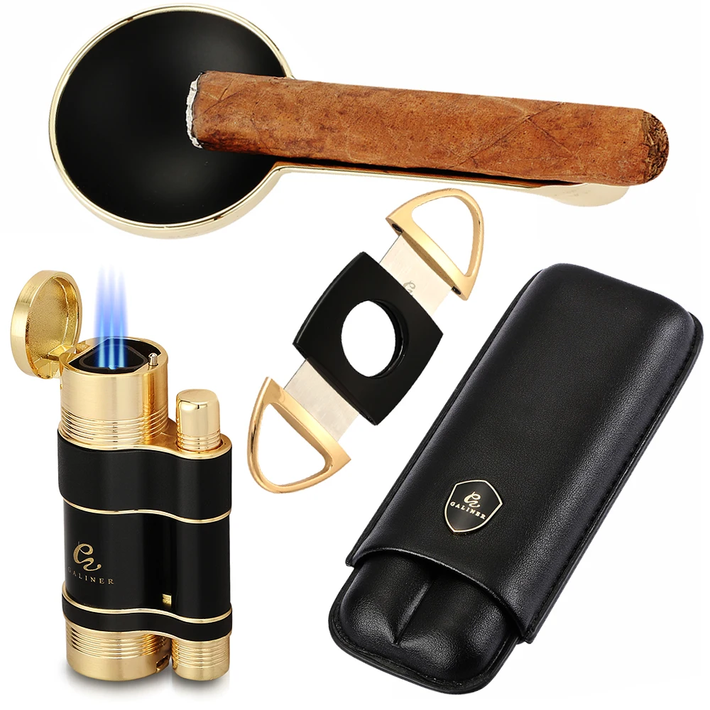 

GALINER Luxury Cigar Set Accessories Metal Ashtray Cigar Lighter Butane Gas 2 Fire Lighters W/ Cutter Punch Leather Cigar Case