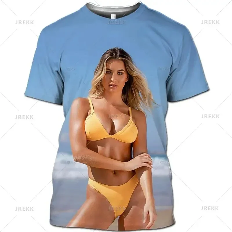 Men\'s Casual Short Sleeved T-shirt 3D Printed Sexy Model Pattern Bikini Beach Top Girl Beauty Pattern T-shirt