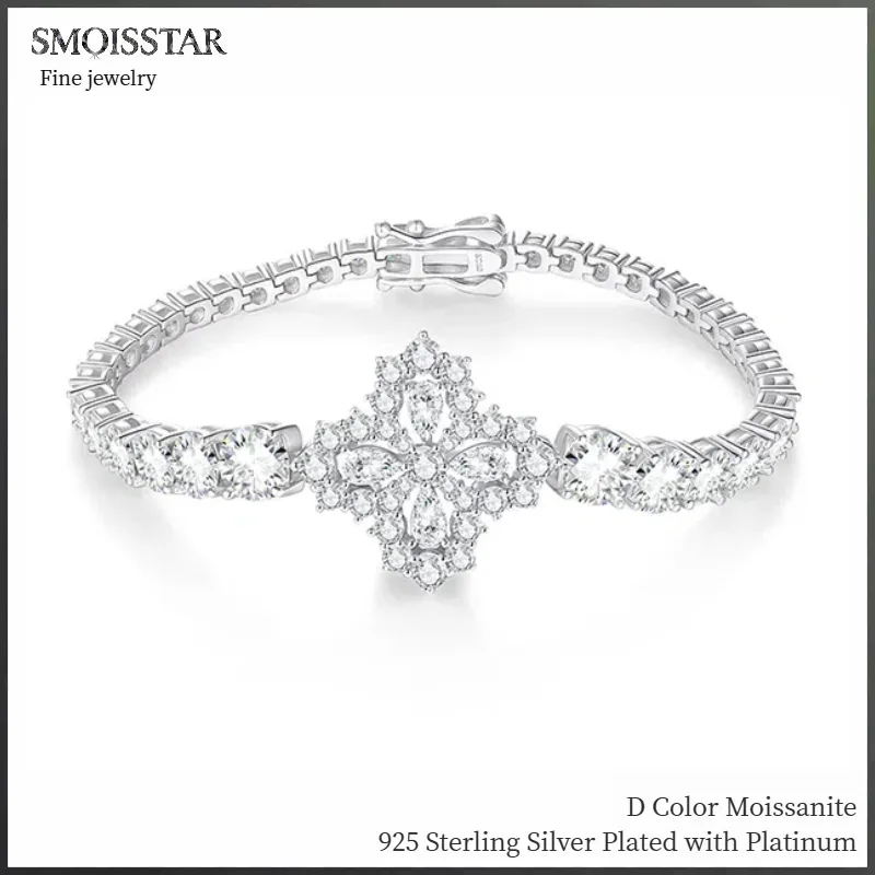 

SMOISSTAR Water Drop Cut Moissanite Tennis Bracelet for Women 925 Sterling Silver Four-leaf Clover Charm Bracelet for Engagement