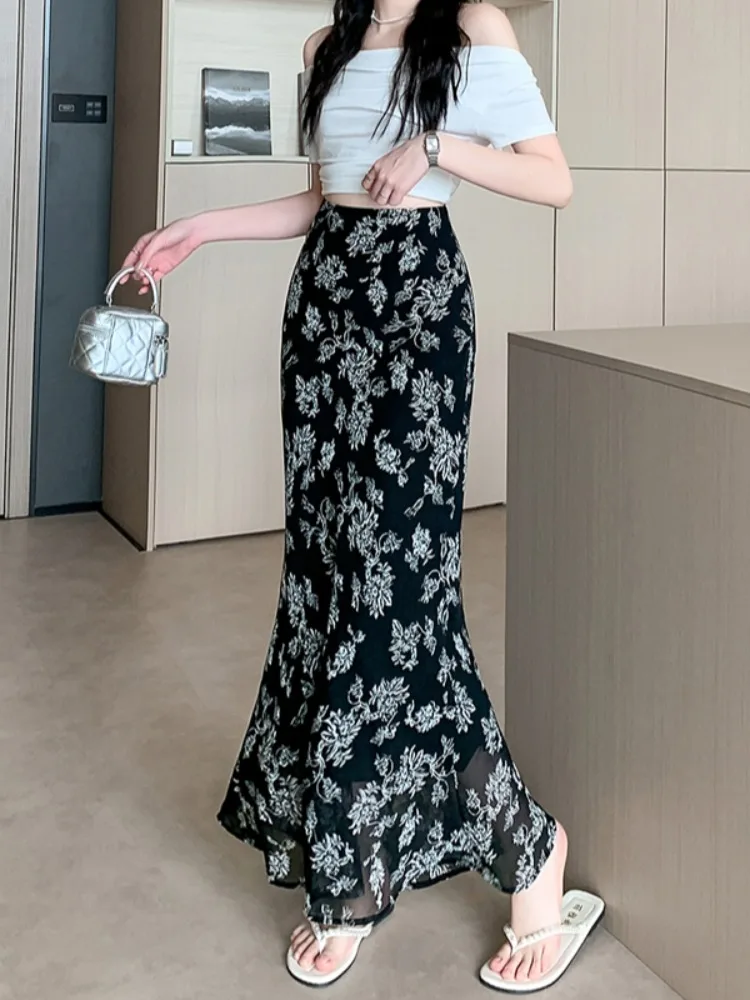 Retro Floral Fi Tail Skirt Women's Summer Thin Gentle Hip Covering Slim A-Line High Waist Slim Fit Long Skirt
