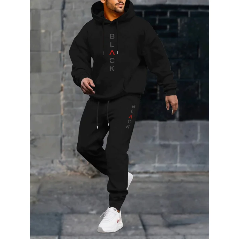 

Black Vintage Letter Print，Men 2 Clothing Set，Casual Round-Neck Long-Sleeve Hoodie And Sweatpants