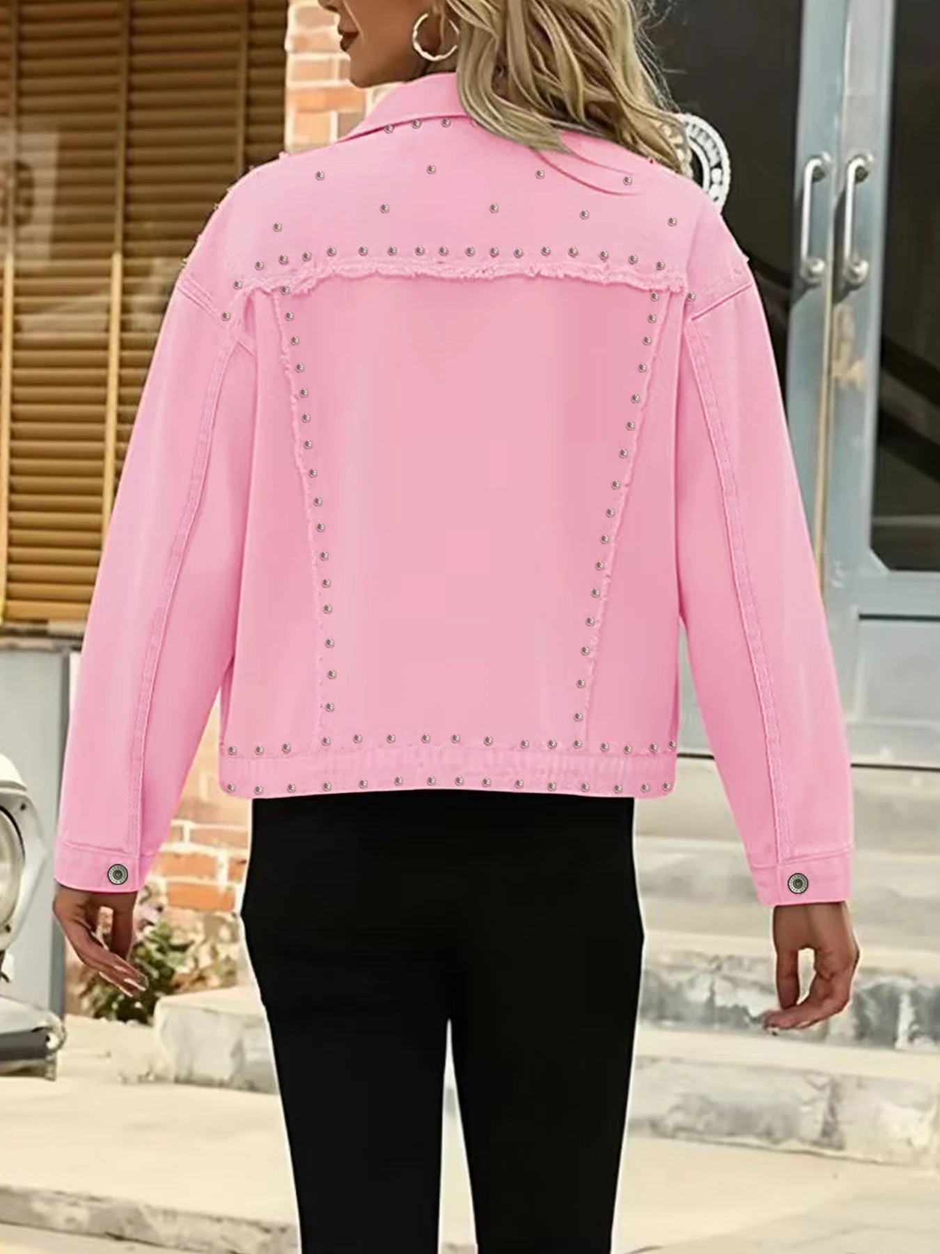 plus Size Women's Loose Rockabilly Denim Jacket with Studs Washed out Style Women's Oversized Jeans Jacket