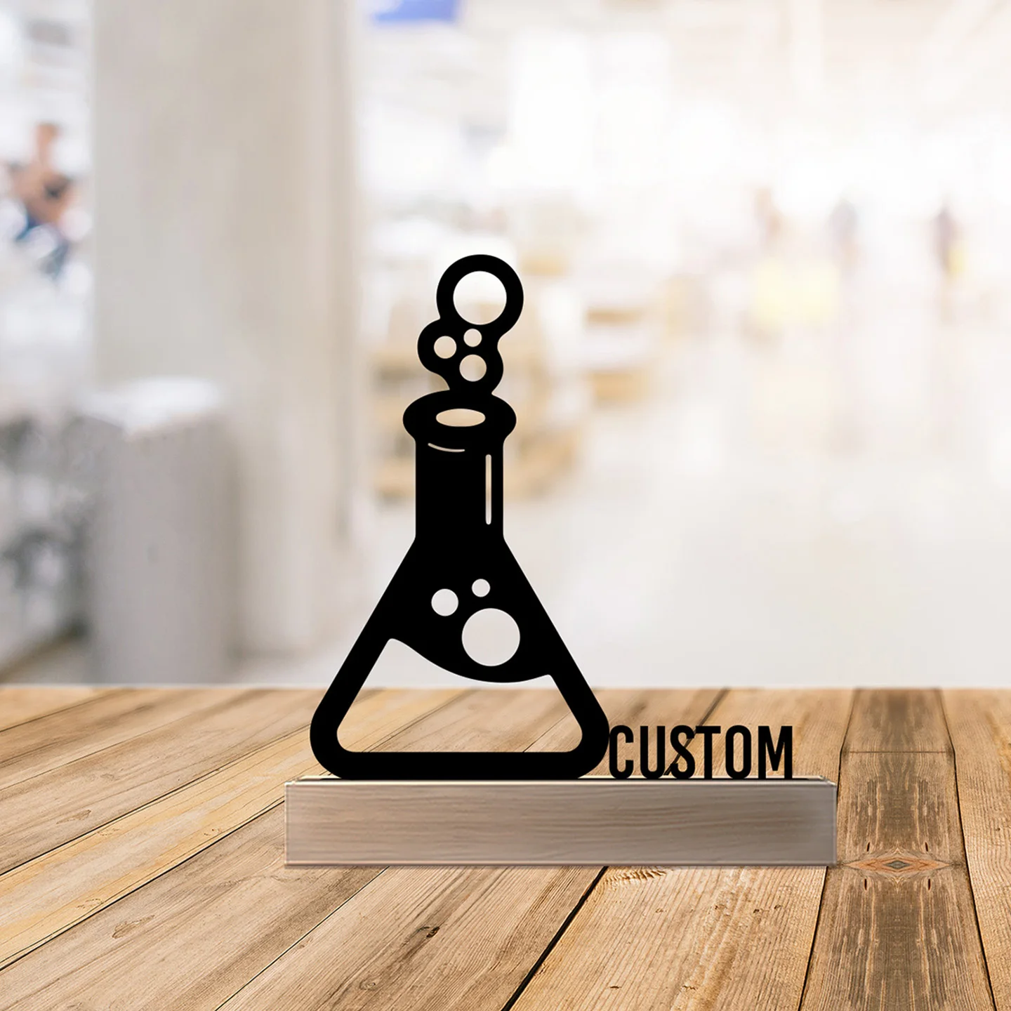 1pc Fashion Chemical instruments Custom Name Metal Statue With Wood Base Iron Ornament Tin Sculpture Office Desk