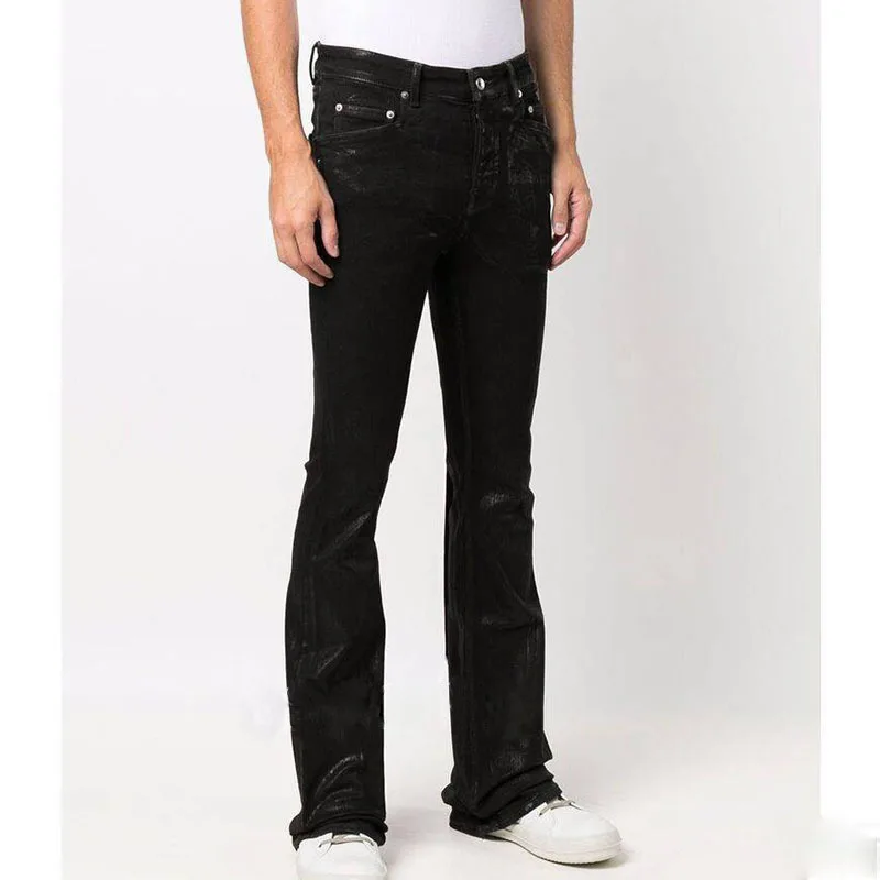 Rick Leather Pants RO Long Purely Handmade Waxed Coating Leather Surface Horn Speaker High Elasticity Denim Pants Dark Style