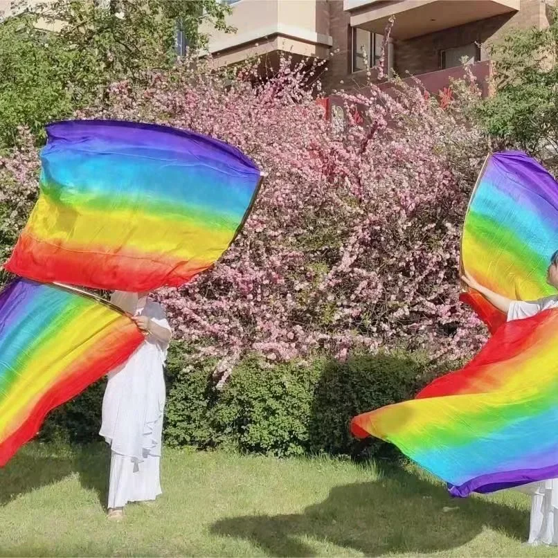 

Belly Dance Real Silk Veil+Elastic Pole Dance Performance Props Gradient Color Silk Flag Belly Dance Props 1 pair 140cmX114cm