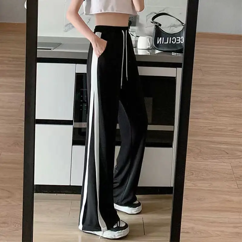 

Screw Thread Motion Ice Shreds Trousers 2024 Female Summer Thin Style Casual Loose Straight Cylinder High Waisted Wide Leg Pants