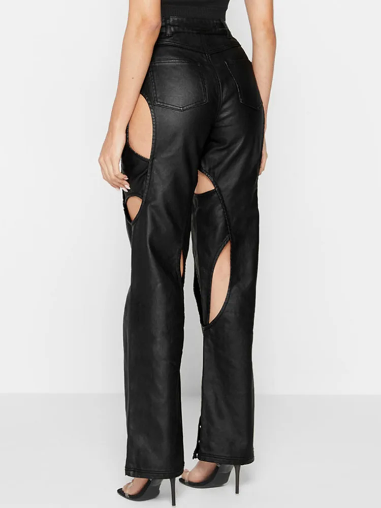 Pantalon en cuir noir ajouré à fermeture éclair pour femmes, vêtements taille haute, droit, Mujer Streetwear, Silm Fit, à la mode