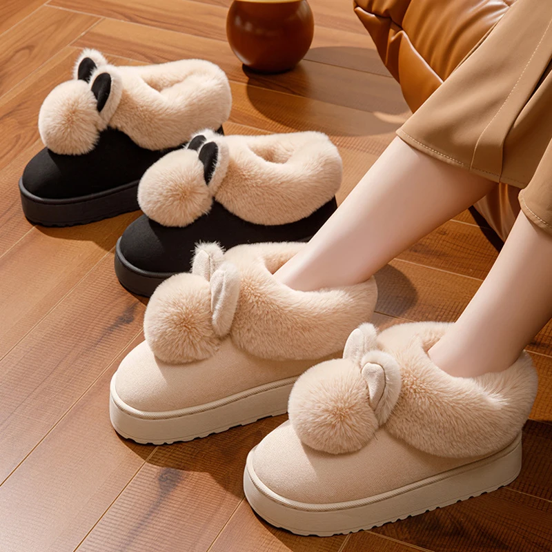 

Зимние теплые тапочки женские, пушистые, меховые, домашние, термо, на платформе, с меховой подошвой, толстые, с кроличьим меховым помпоном
