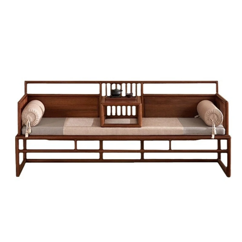 New Chinese style, solid wood small apartment, Arhat couch, mortise and tenon Zen sofa bed, walnut color