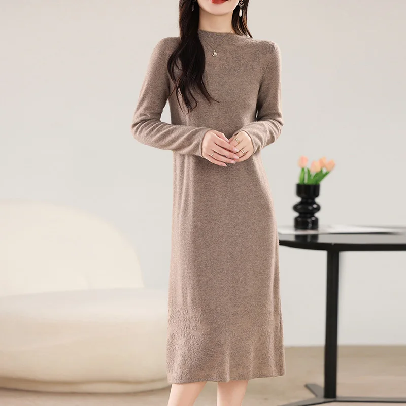 100% Merino Wool Women's Long Dress, Loose, Hollow, Elegant, Long Sleeves, Knitted, Round Neck, Warm, Autumn/Winter 2024