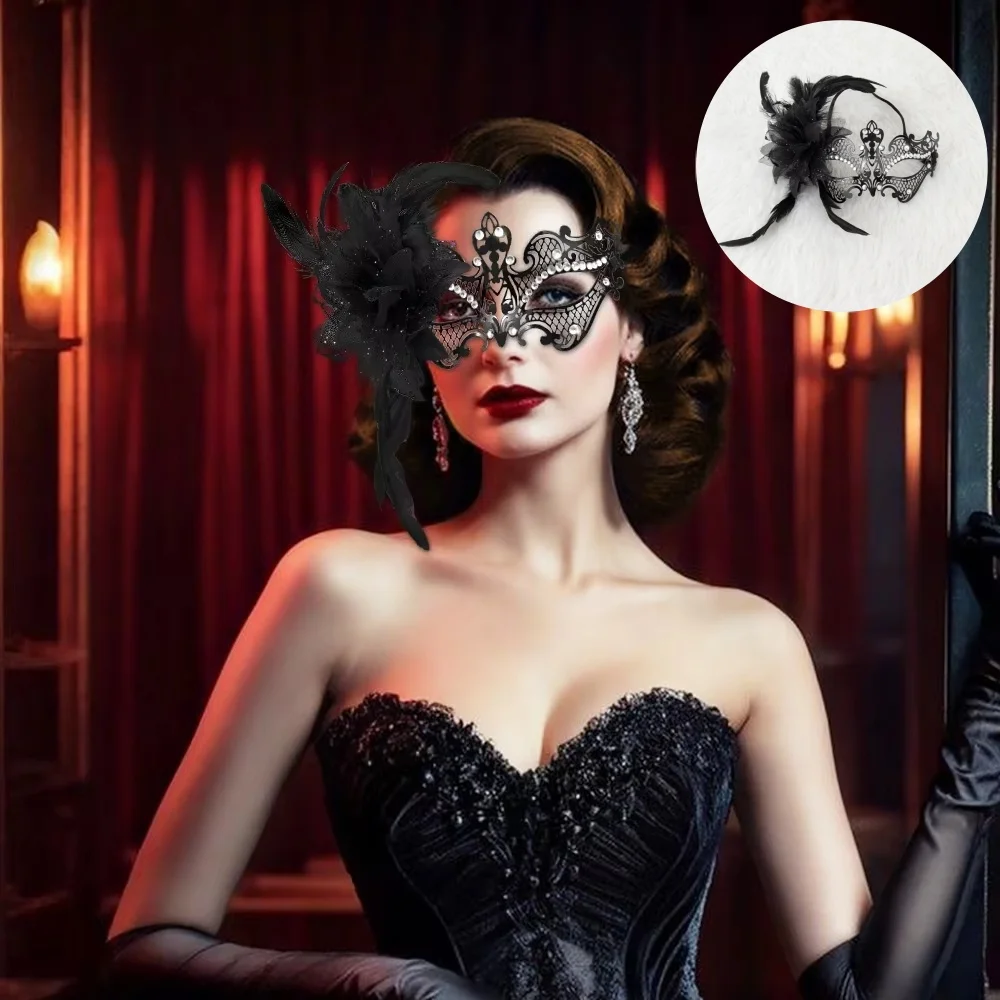 Maschera di carnevale in maschera Maschera di metallo Fiore nero Maschera cava Festa di Halloween Mezza faccia Maschera di diamanti Puntelli per costumi da ballo mascherato
