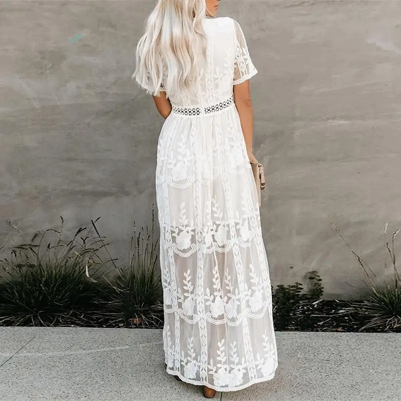 

2025 Spring/Summer New Women's Lace Long Sleeve V-Neck Solid Chiffon Summer Dress