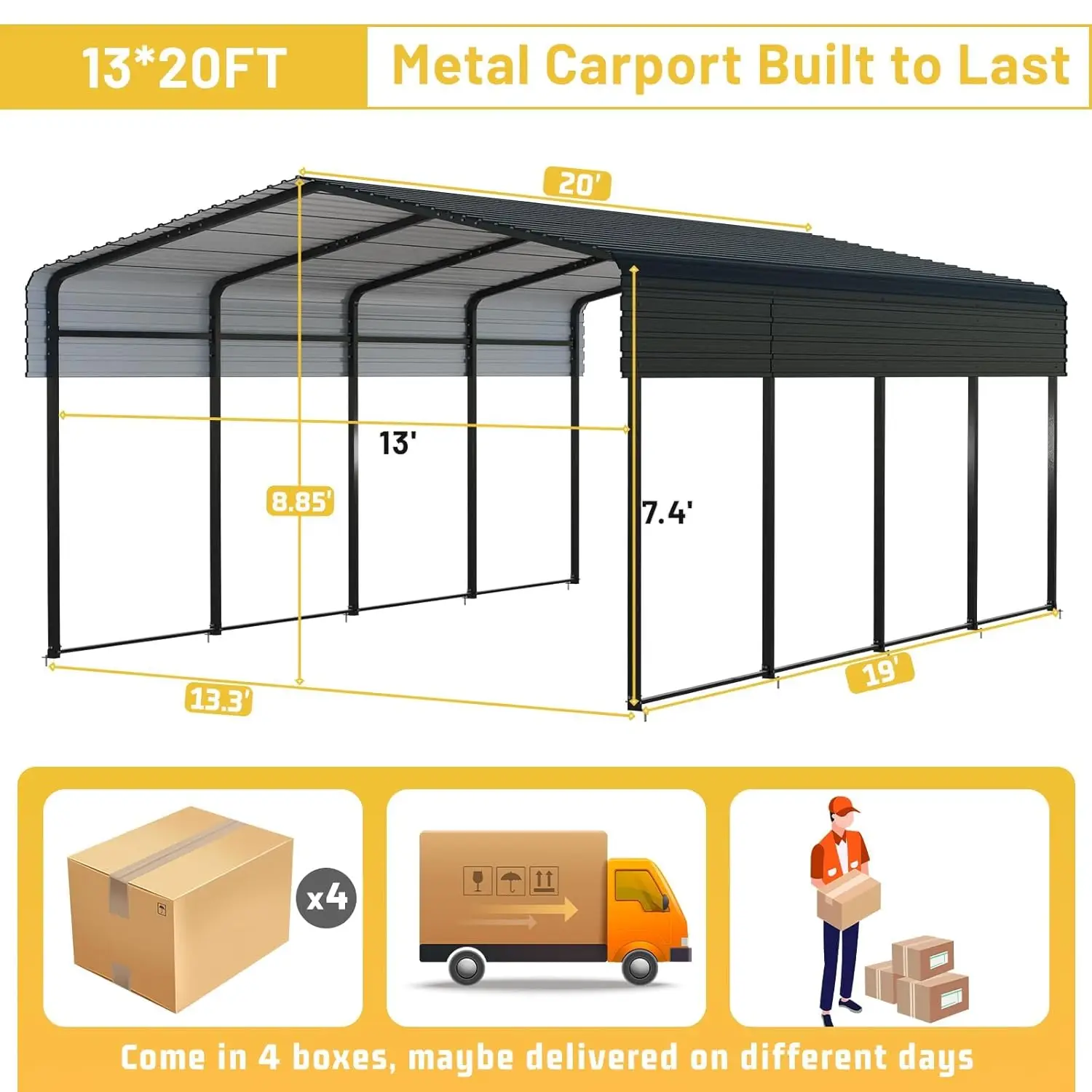 

1. Customized 13x20 FT Heavy Duty Metal Carport, Galvanized Steel Frame & Roof with Reinforced Base, All-Weather Outdoor Shelter
