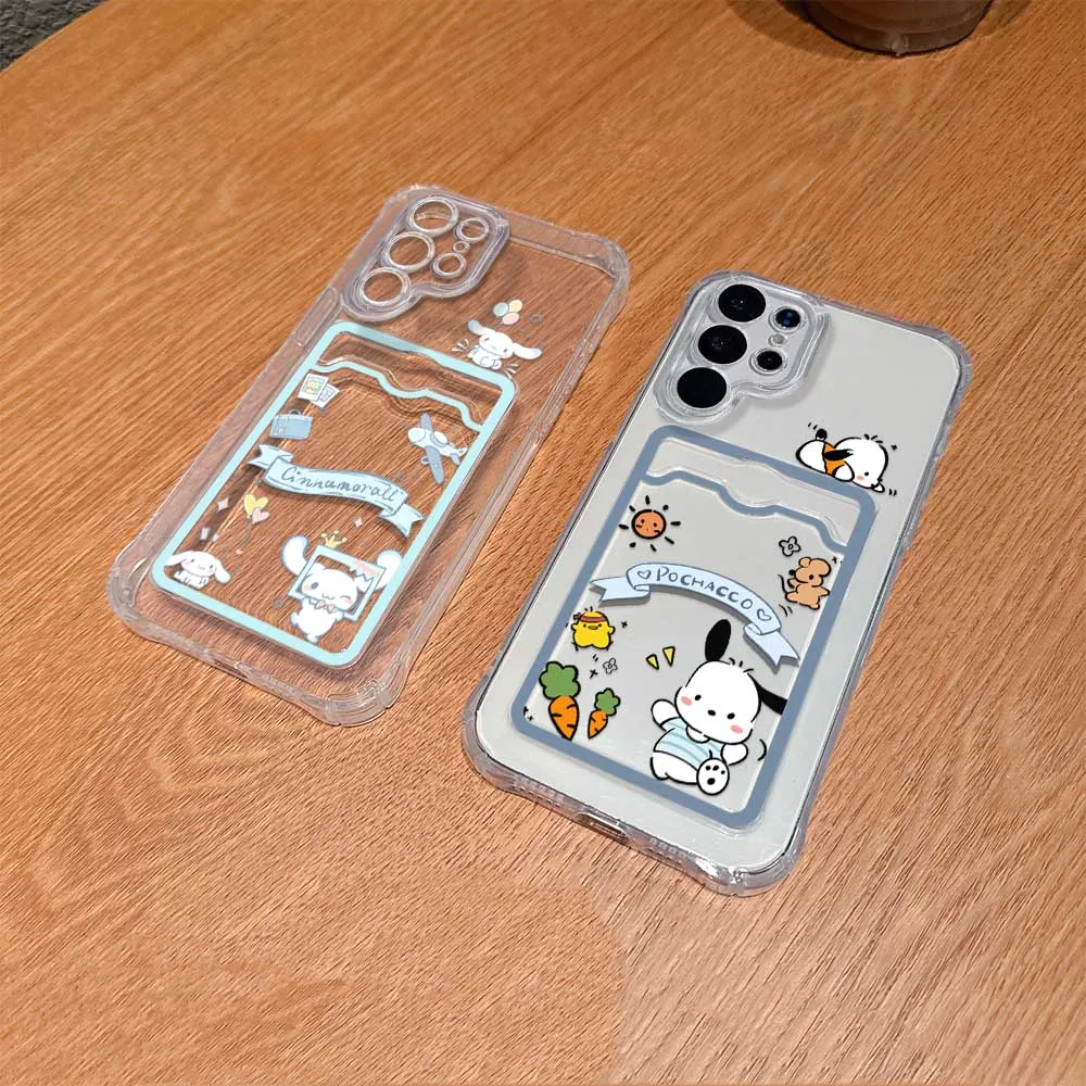 Hello Kitty Cinnamon Kuromi Pacha Dog Card Hold Phone Case For Samsung S24 S23 S22 S21 S20 FE Plus Ultra M53 M54 5G Anti-fall