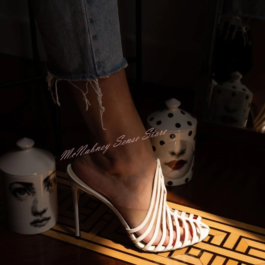 Straps Hollow Slip On Sandals Solid Pointy Toe Cut Outs Stiletto Heels Women Casual Shoes Sexy Style Daily Party Big Size Sandal