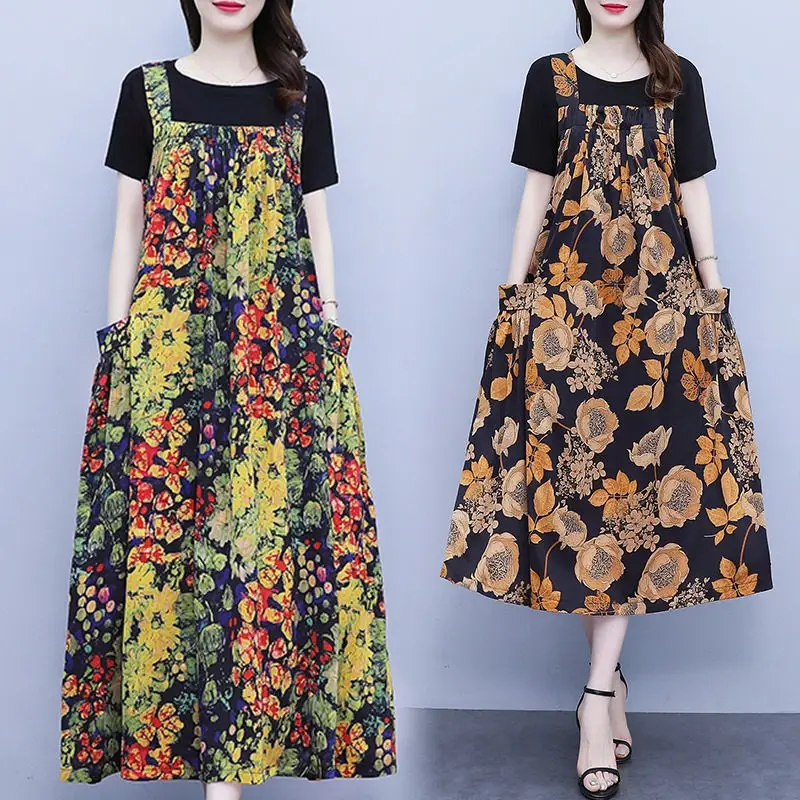 

Large Size Floral Suspender Dress 2022 Summer Women's Black Round Neck T-Shirt Two Piece Trendy Casual Strap Dress Suits h1609