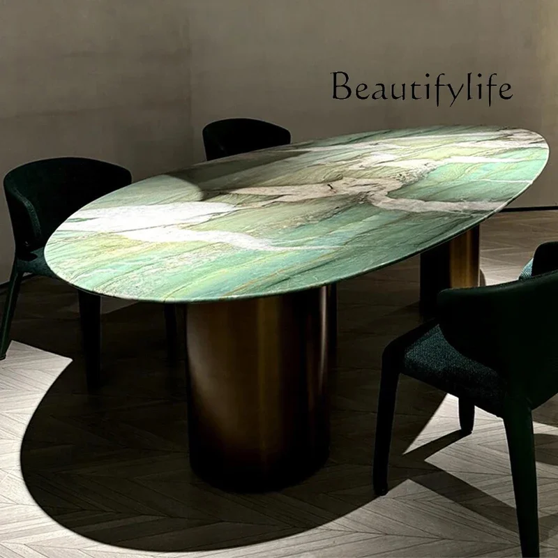 N36 Natural Patek Jade green luxury stone dining table large apartment water drop marble dining table and chair combination