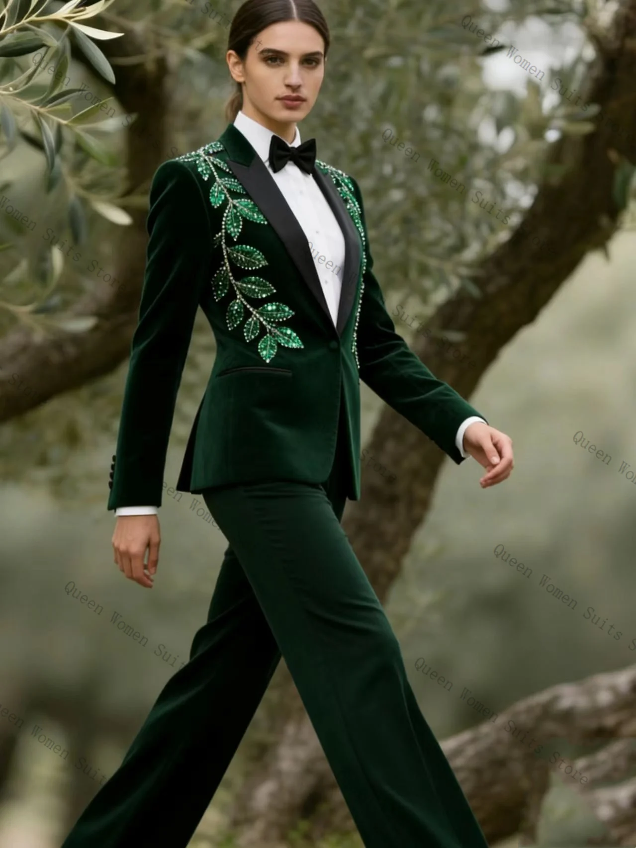 

Green Velvet Women Suit Set 2 Pcs Blazer Pants Crystals Outfit Prom Formal Office Lady Jacket Wedding Cusomized