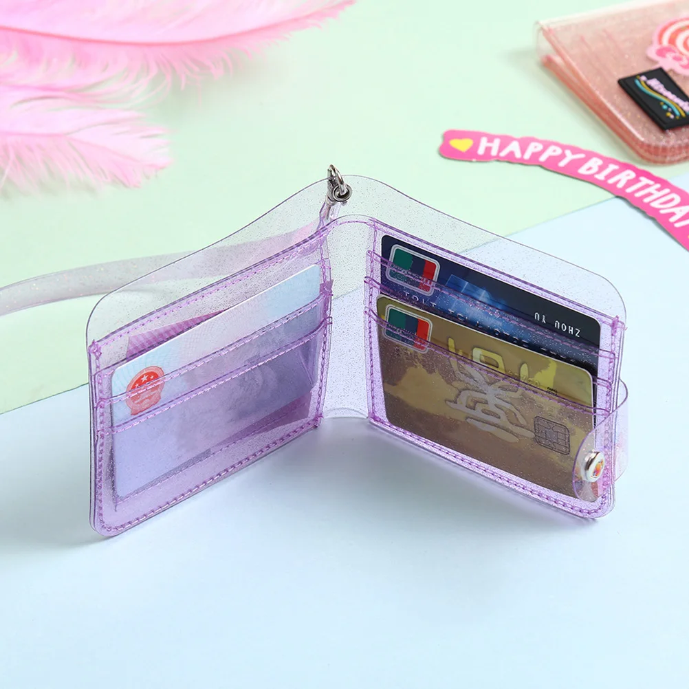 

PVC Transparent Foldable Glitter Holder Purple Snap Button Wallet for Cards Cash Id Hanging Strap Small Bag Bag