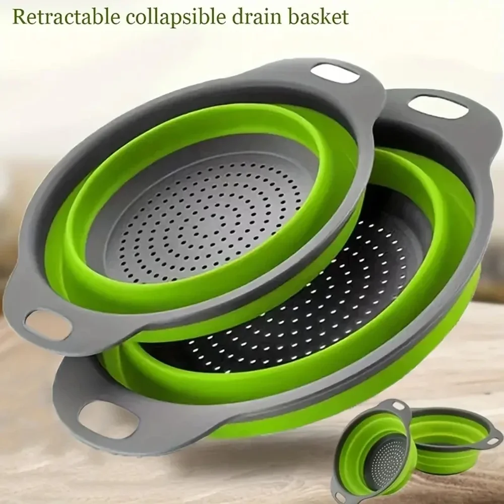 

Space-Saving Silicone Colander with Handle Collapsible Silicone Fruit and Vegetable Washing Basket Essential Kitchen Gadget