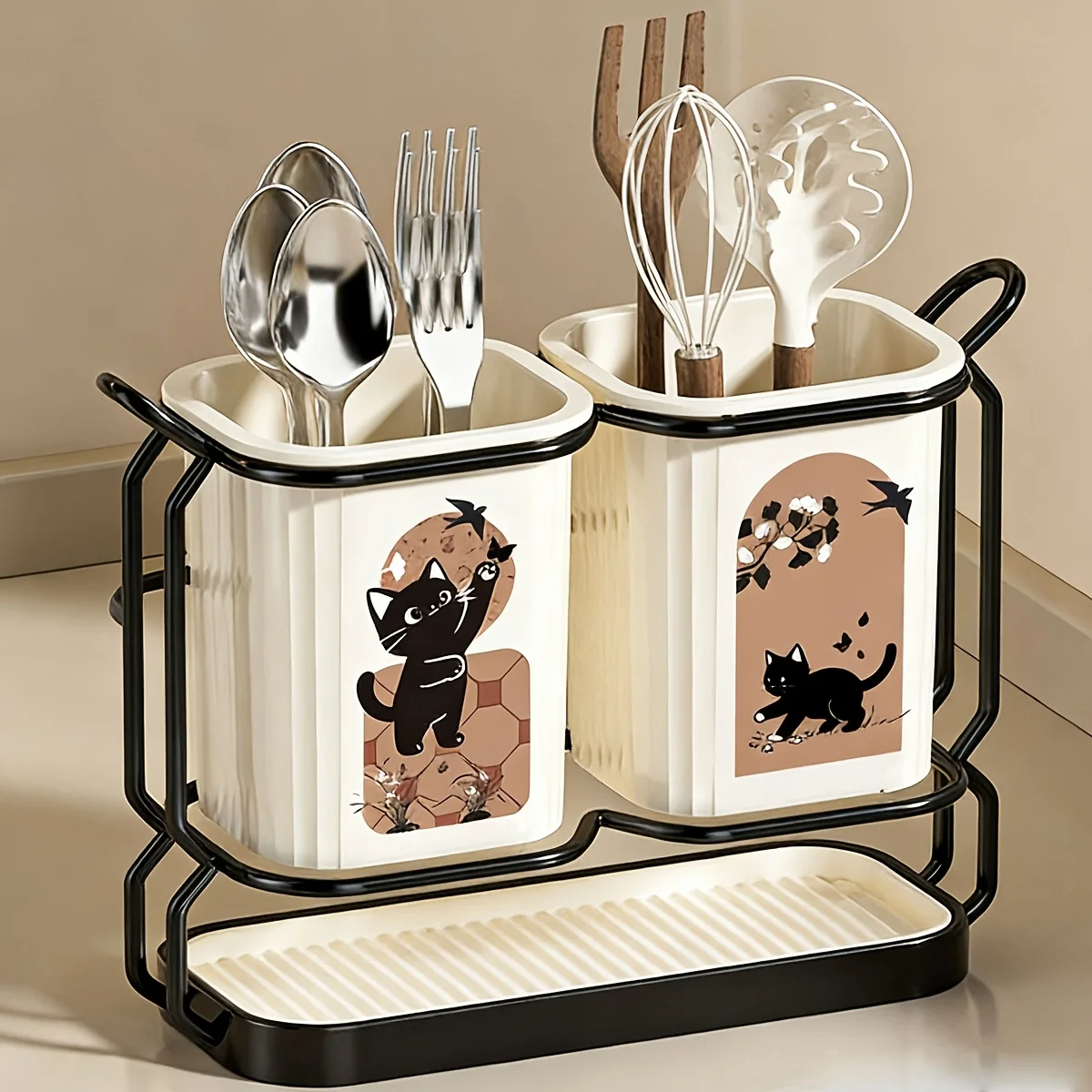 Detachable Desktop Kitchen Utensil Storage Organizer, Cat Pattern Carbon Steel Holder for Knives Spoons Chopsticks