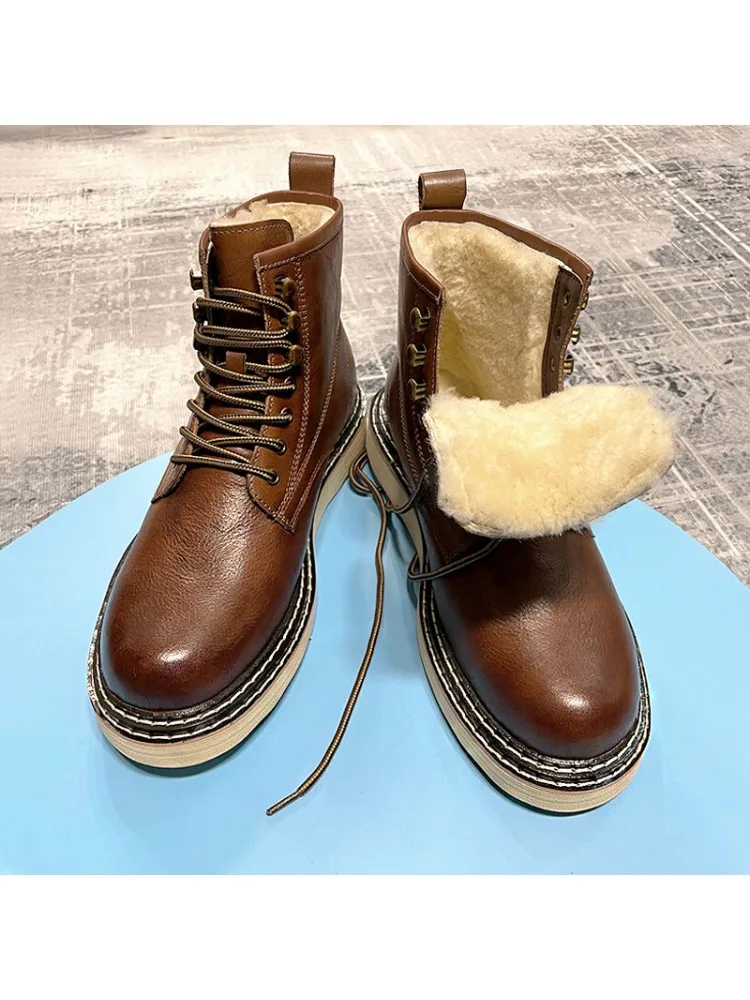 

Male Outdoor British Casual Platform Boots Men's High Top Shoes Plush Warm Wool Lace Up Flat Genuine Leather Snow Boots