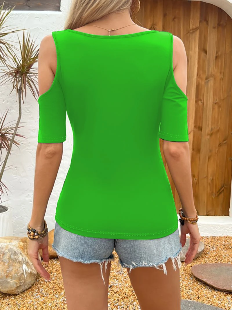 Women's Slim Fit V-neck Notch Off-Shoulder T-shirt Short Sleeve Machine Washable Hood Top Casual Personality Style