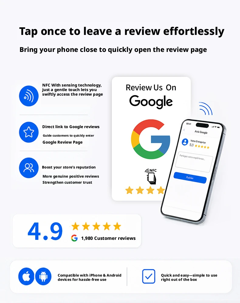 100 Stück Schwarze Wiederverwendbare Google-Bewertungs-NFC-Karten NTAG215 Premium Verschleißfest Matt-Finish Bewerten Sie uns auf Google Benutzerfreundlich – Detail 3