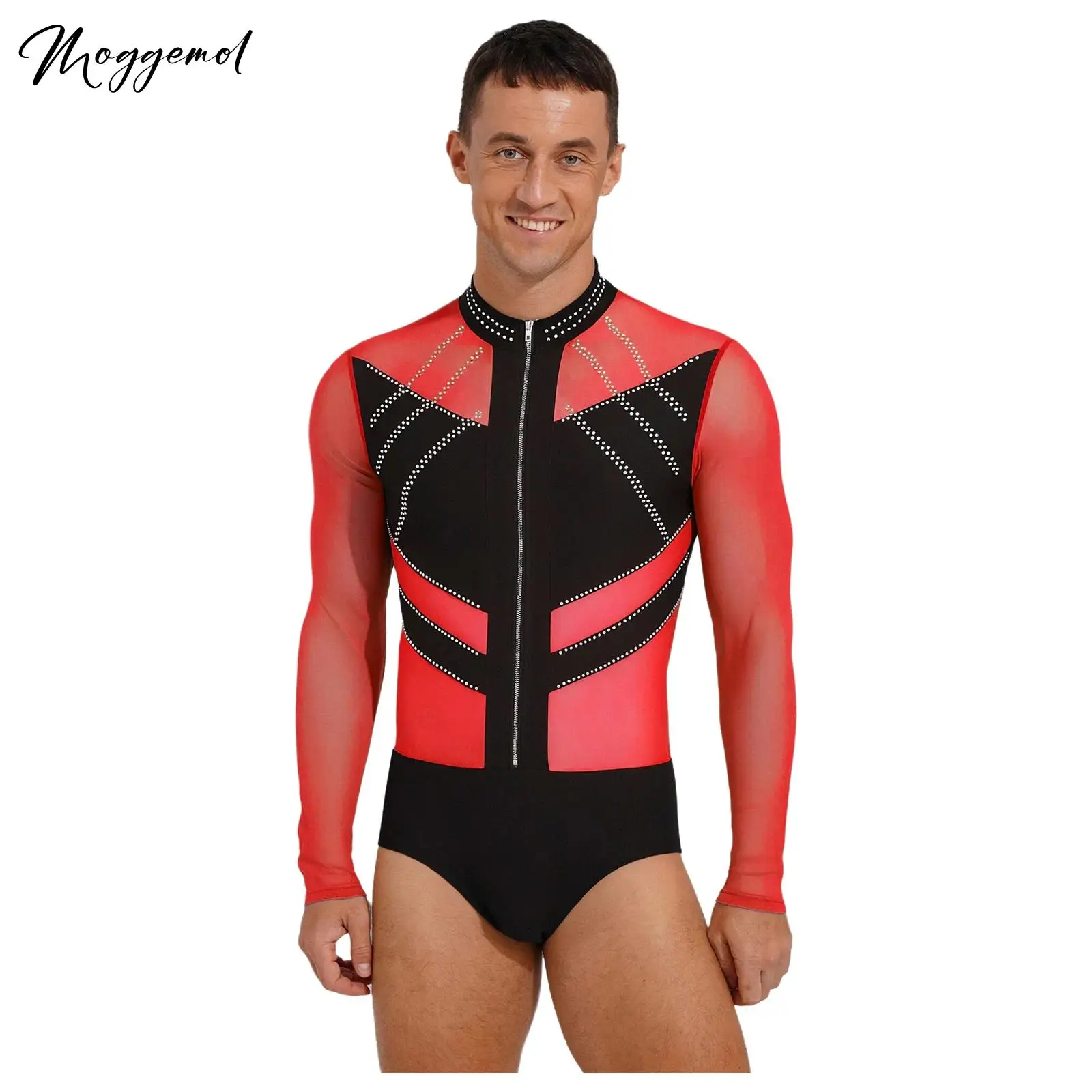 

Мужское боди с блестящими стразами, прозрачная сетка, танцевальное боди с длинным рукавом и молнией спереди, купальник для латинского балета, гимнастики, фигурного катания