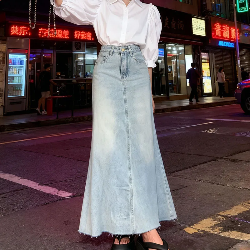 

2641 2025 Autumn Women's Y2K Jeans Light Blue High Waist Maxi Skirt Dongdaemun Coquette Aesthetic Must-Have
